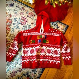 Merry Christmas Holiday Sweater Fair Isle Red White Green Sparkle Glitter Hood